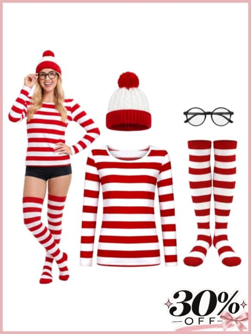 Women's Halloween Costume Set Striped Shirt Hat Stockings Cosplay Party